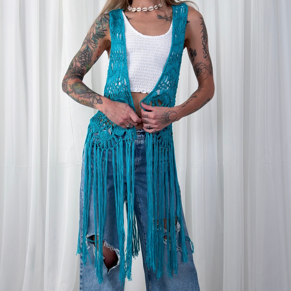 Pink Cattlelac Blue Crochet Fringe Festival Vest One Size Boho - Picture 6 of 8